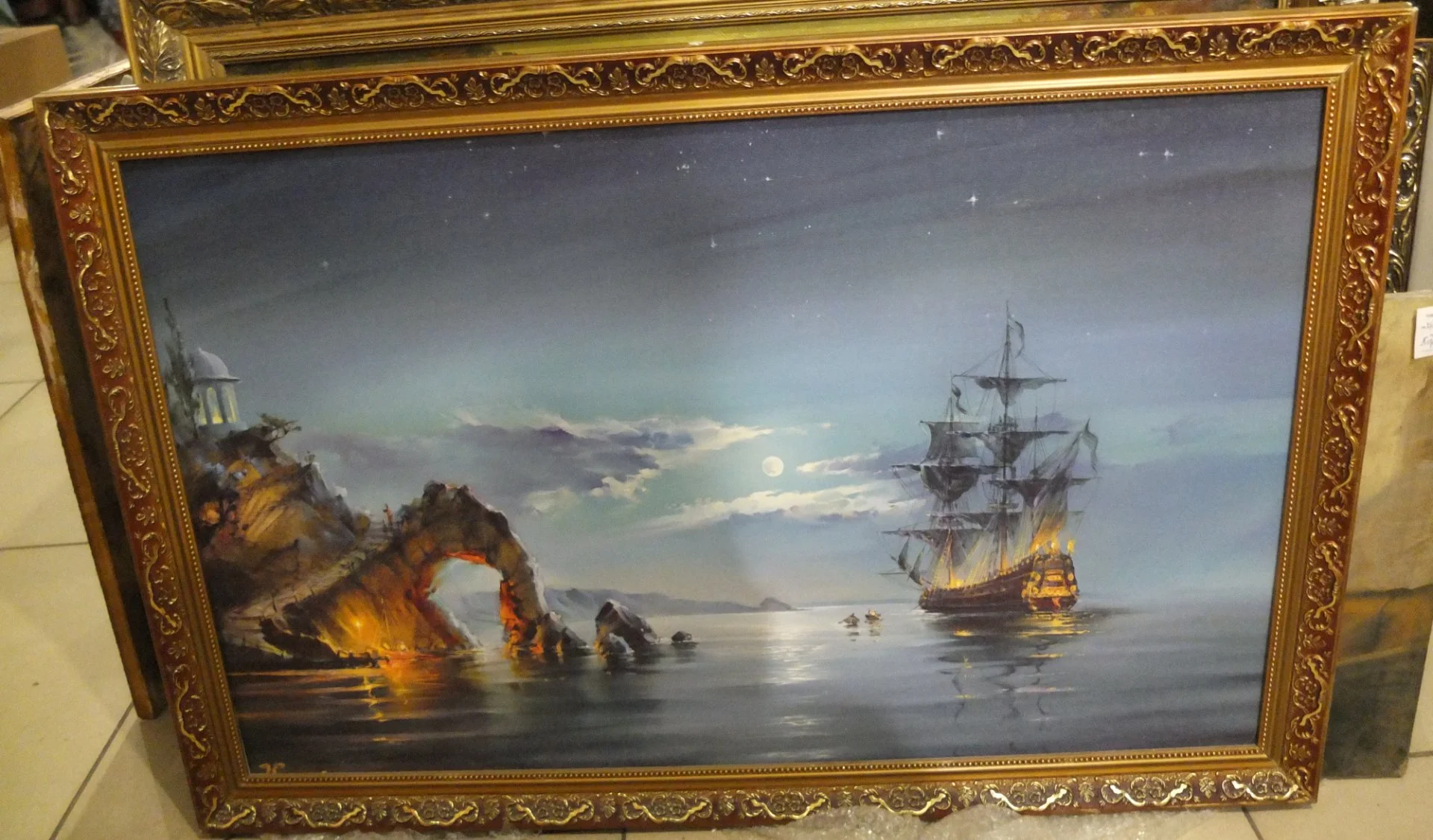 картина Корабль у мыса, оргалит, масло. большая. НХ