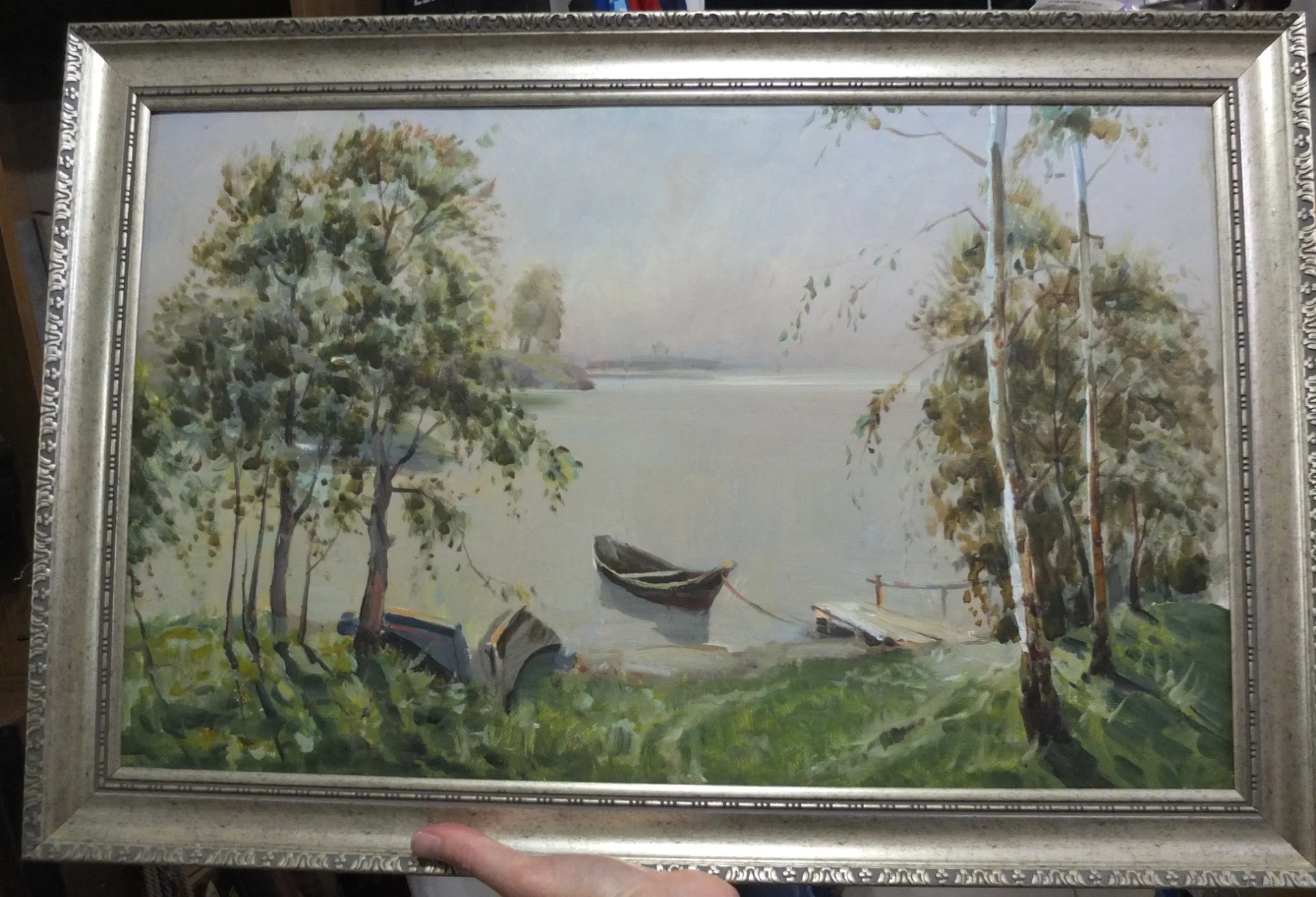 картина Лодки на берегу озера , холст, масло, старая, НХ