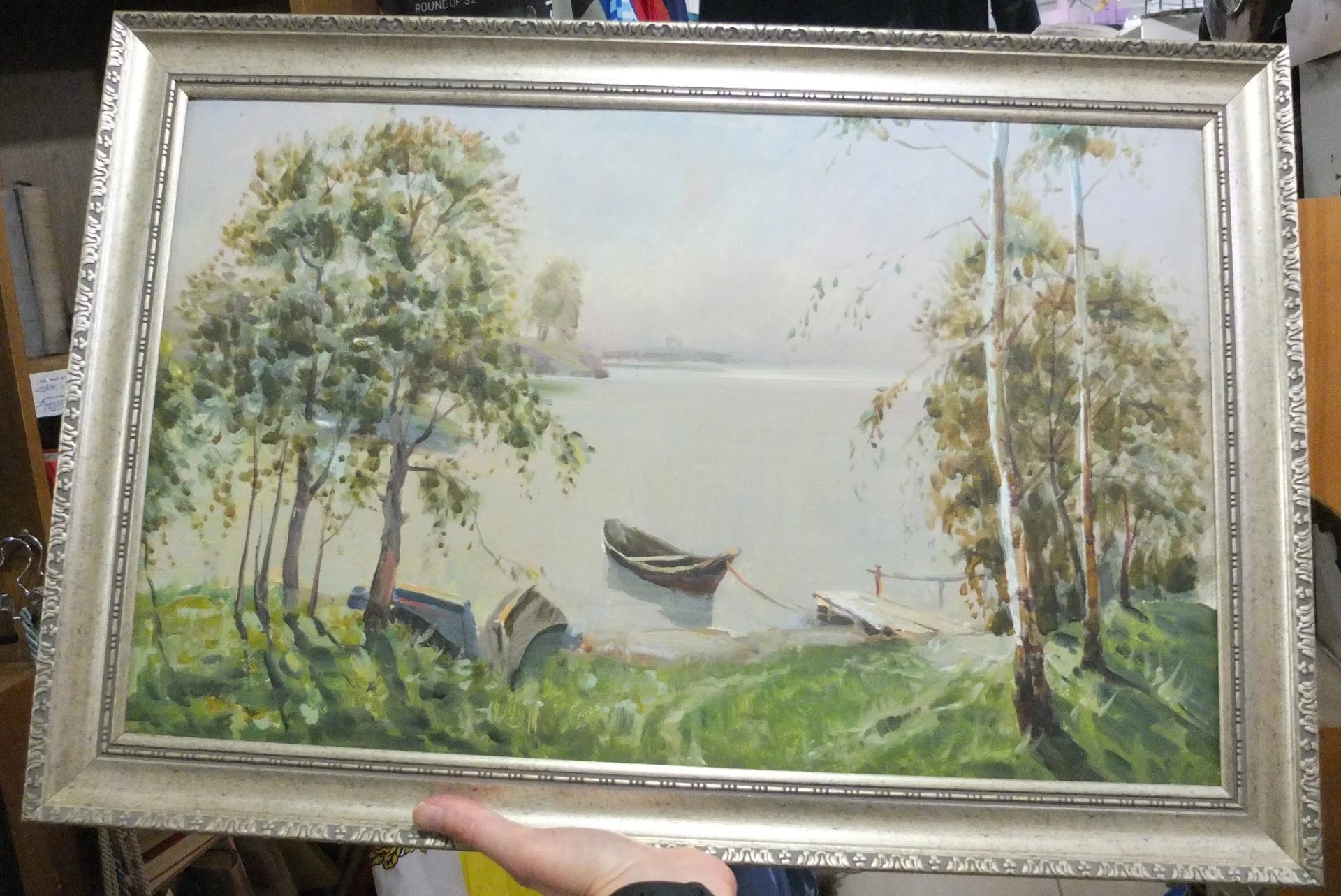 картина Лодки на берегу озера , холст, масло, старая, НХ - миниатюра 3