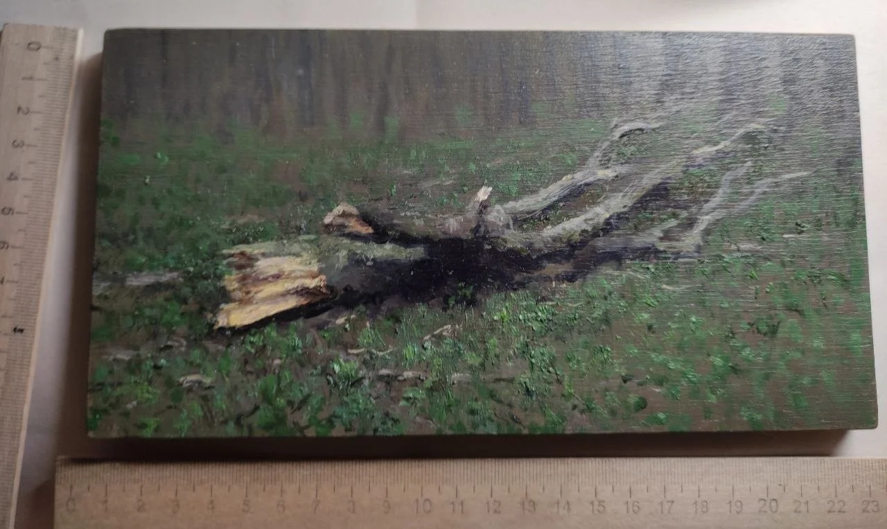 картина Бревно на опушке леса, дерево, масло, НХ - изображение 1