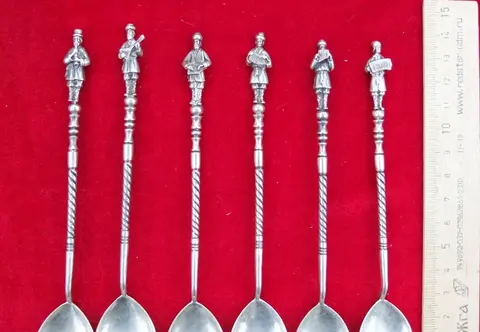 царские серебряные ложки Музыканты, 6 штук, серебро 84 проба, императорская Россия