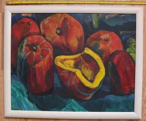 натюрморт с разрезанной тыквой, бумага, масло, большая