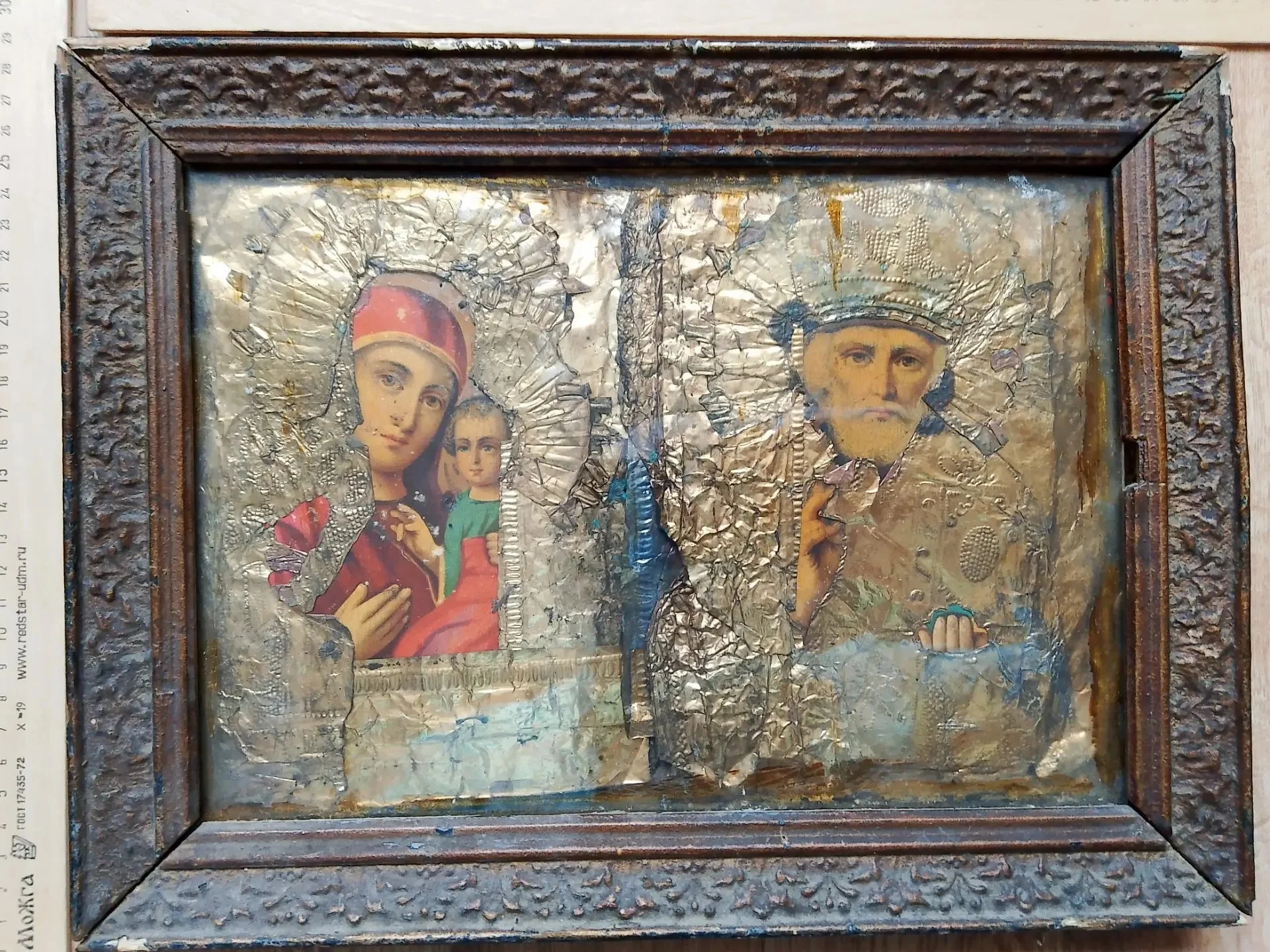 икона Богоматерь и Николай Чудотворец, литография на доске, 19 в - миниатюра 3