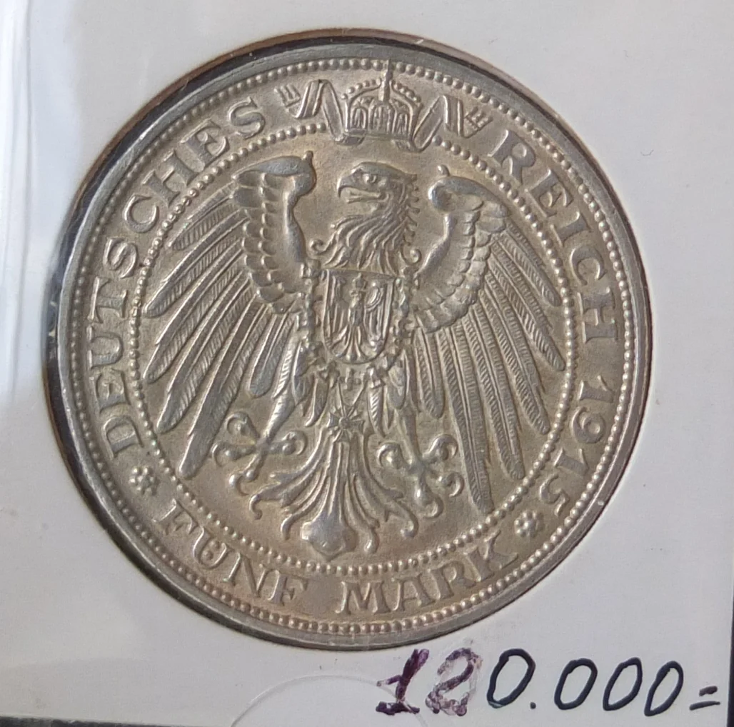 немецкая серебряная монета 5 марок, Мекленбург-Шверин, Германия, 1915 год - миниатюра 2