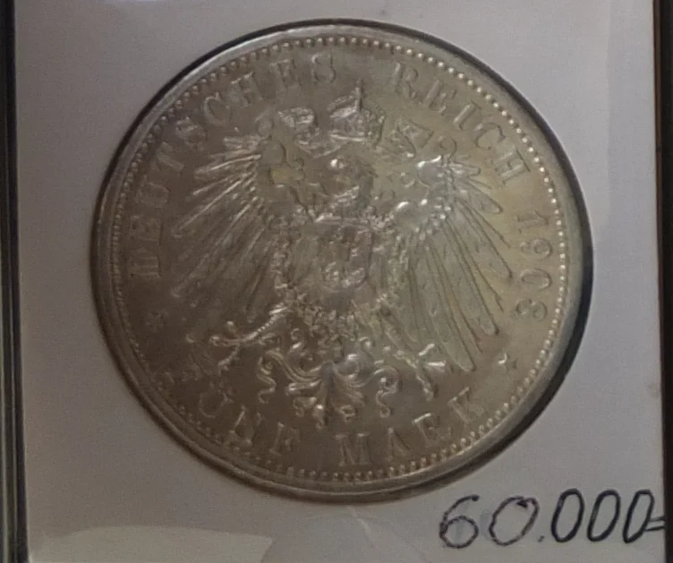 немецкая серебряная монета 5 марок, Саксен-Веймар, Германия, 1908 год - миниатюра 2
