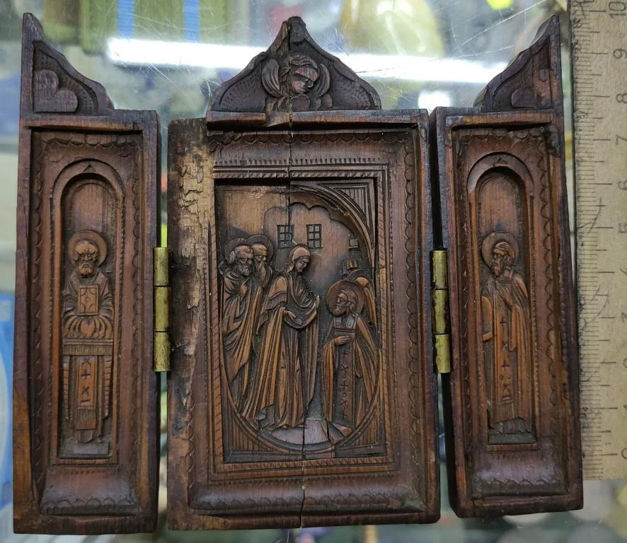икона трехстворчатый деревянный складень Явление Богородицы Сергию, миниатюра, резьба по дереву, 19 - миниатюра 7