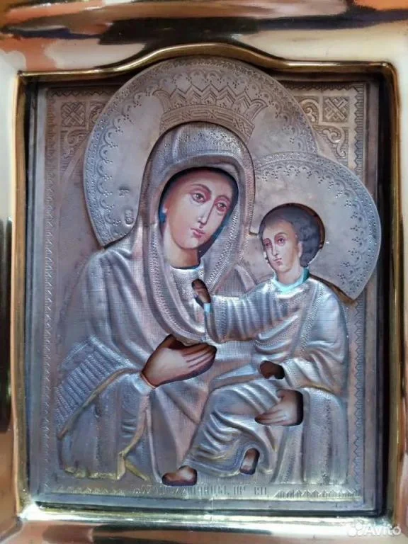 икона в серебряном окладе Матерь Божия, киот,19 век - миниатюра 3