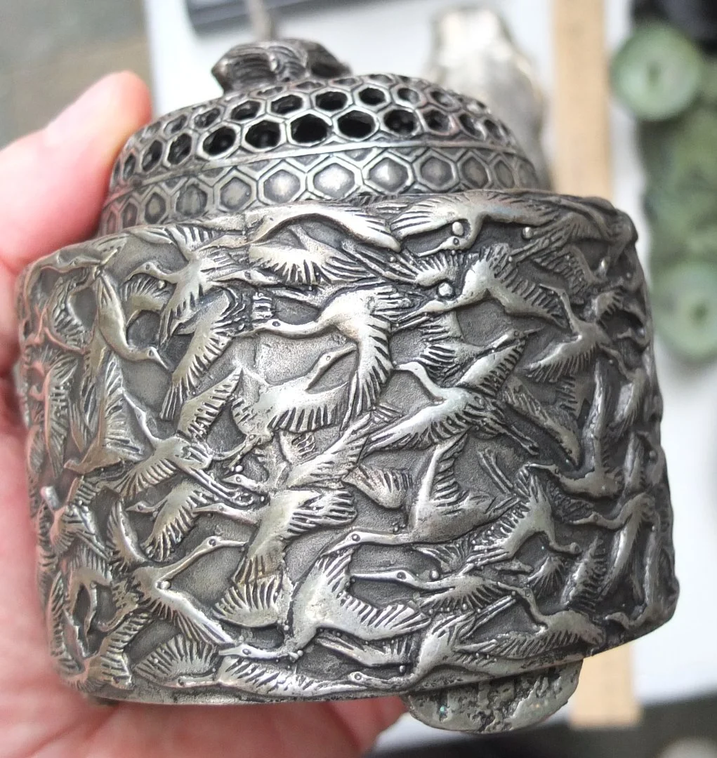 китайская чайница 1000 журавлей ,серебрение, Китай - миниатюра 6