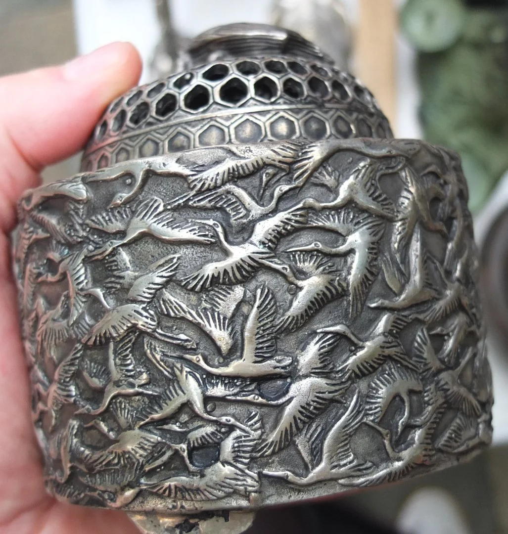 китайская чайница 1000 журавлей ,серебрение, Китай - миниатюра 7