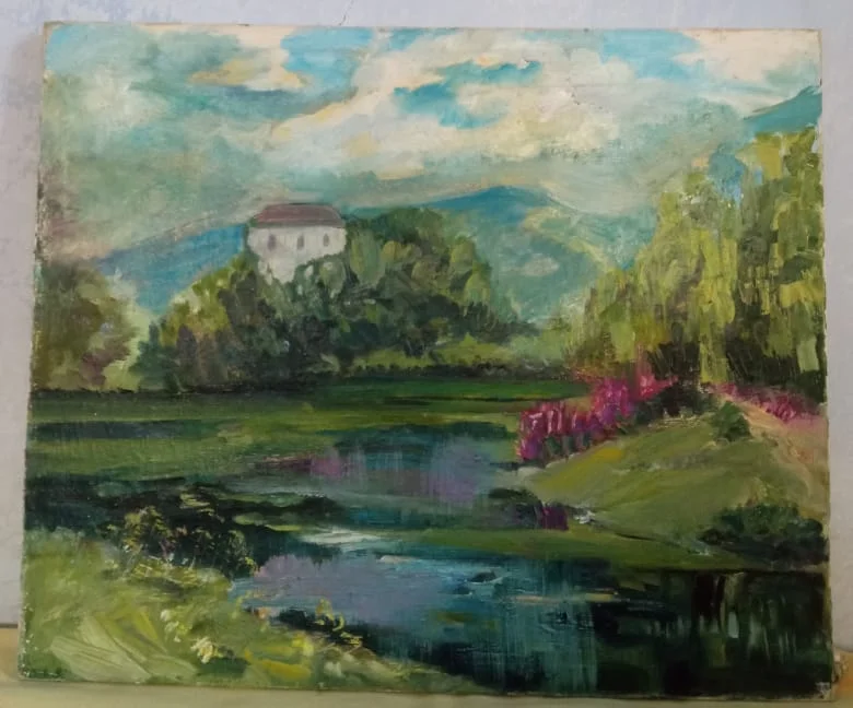 картина  Дом у реки, холст, масло, НХ - миниатюра 3