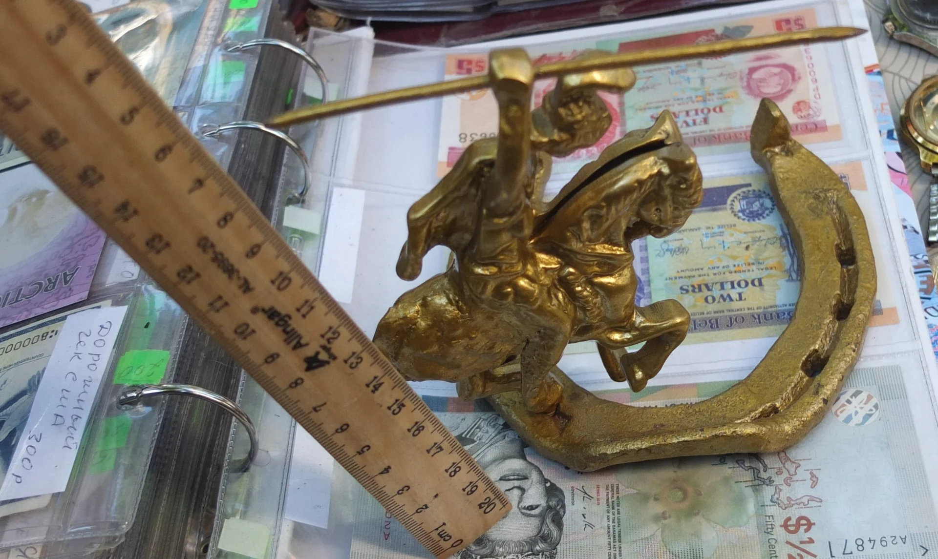 бронзовая статуэтка Казачок с копьём, на подкове - миниатюра 6