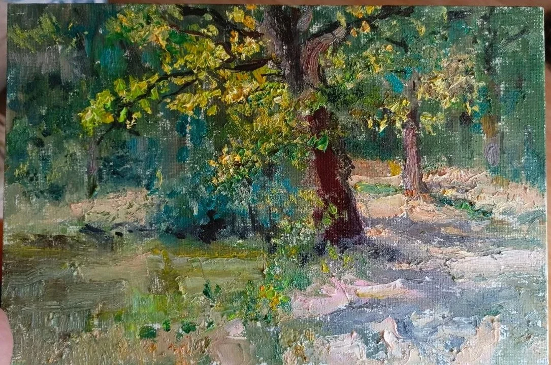 картина Дуб на  лесной поляне , холст на картоне, масло, НХ