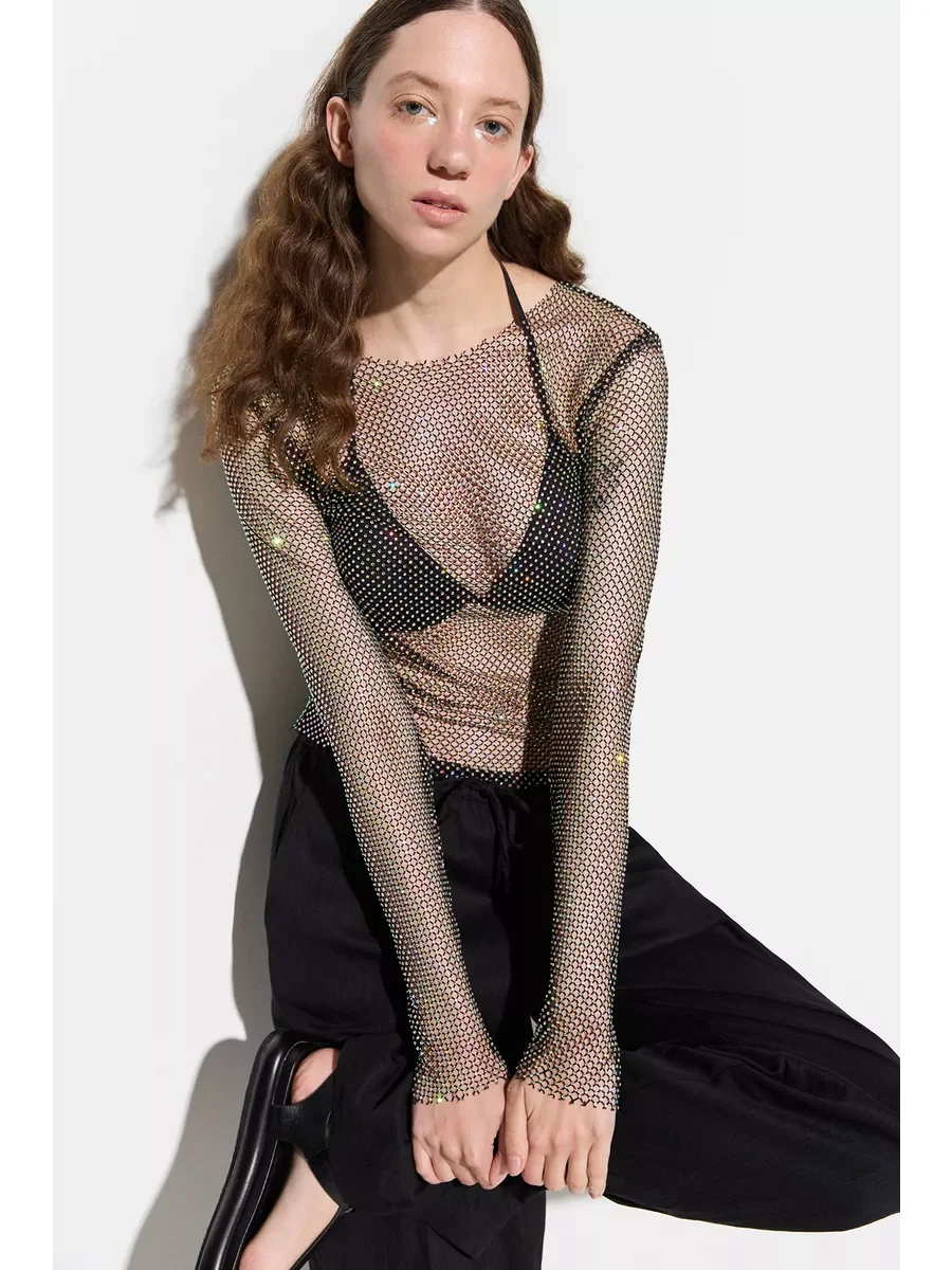 Сияющий лонгслив из сетки со стразами (новый, с биркой) - миниатюра 4