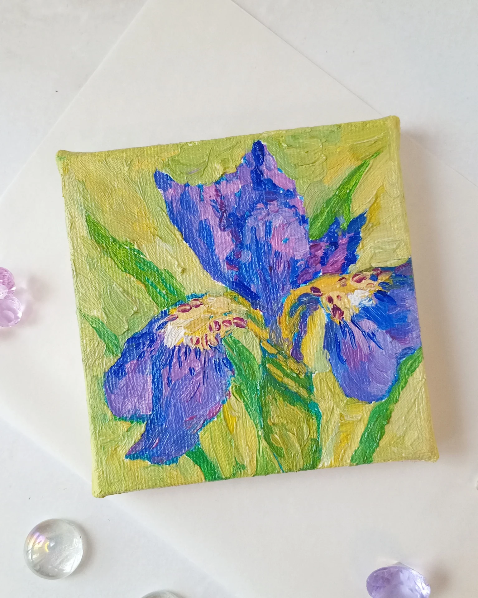 Картина "Синий ирис", масло, оригинал, мини-холст 10×10 - миниатюра 2
