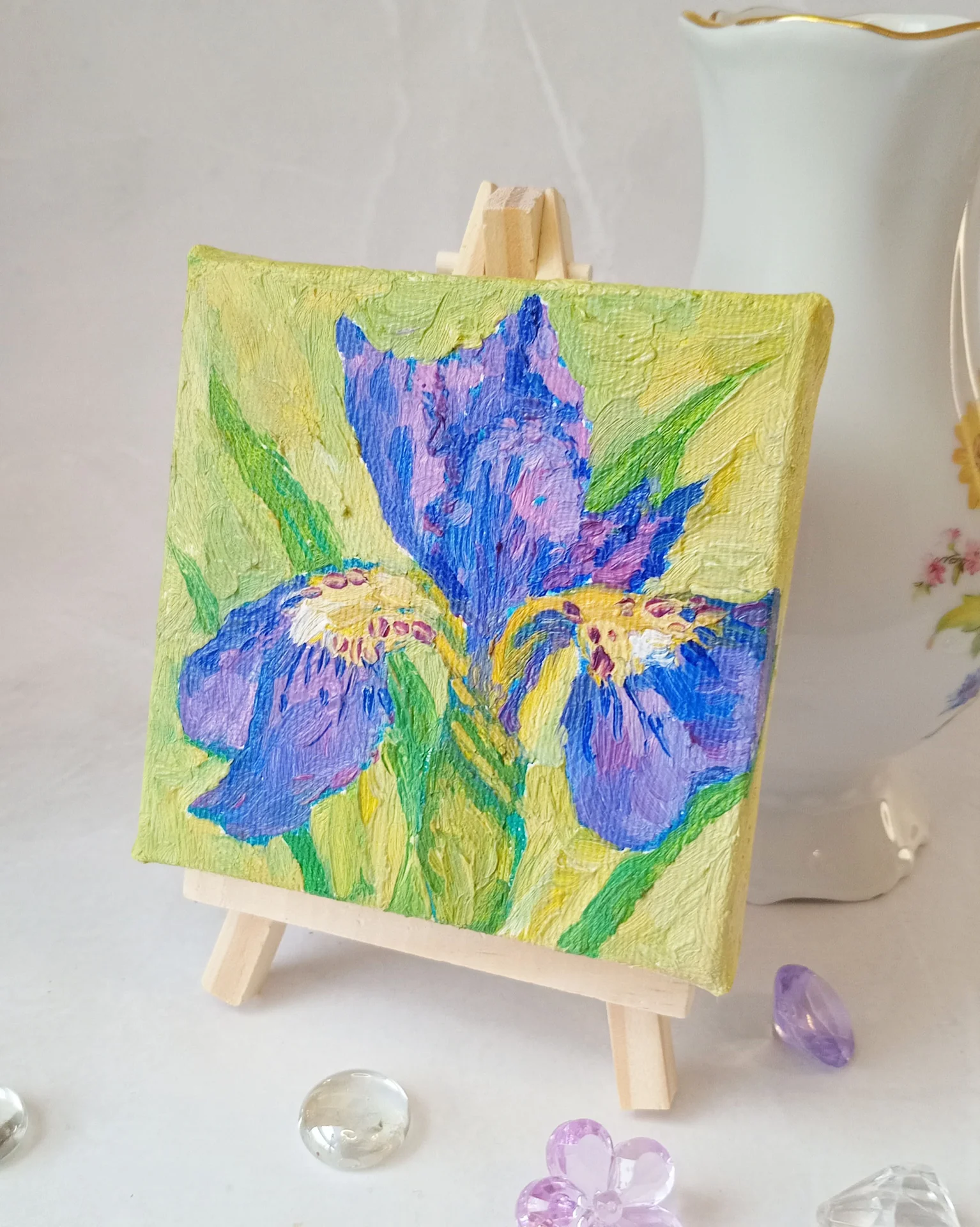 Картина "Синий ирис", масло, оригинал, мини-холст 10×10 - миниатюра 5