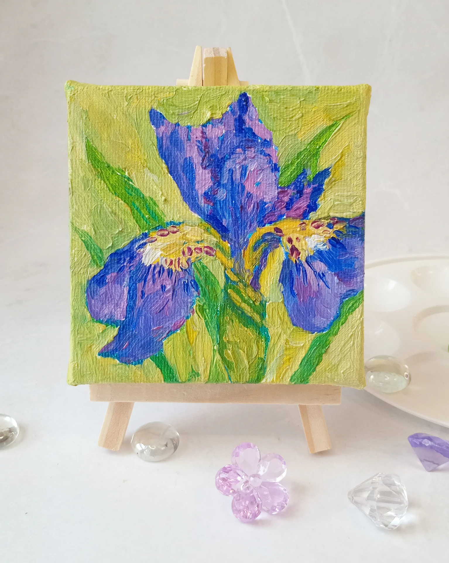 Картина "Синий ирис", масло, оригинал, мини-холст 10×10 - миниатюра 6