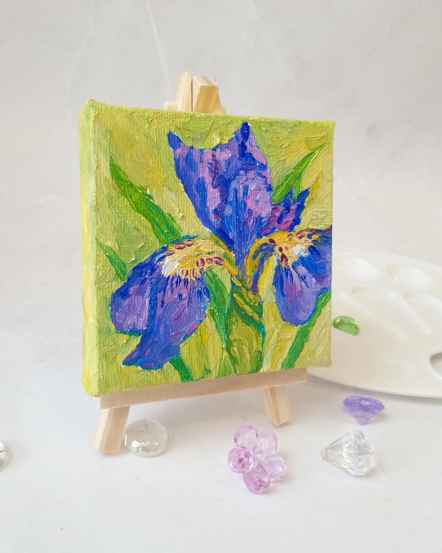 Картина "Синий ирис", масло, оригинал, мини-холст 10×10 - миниатюра 7