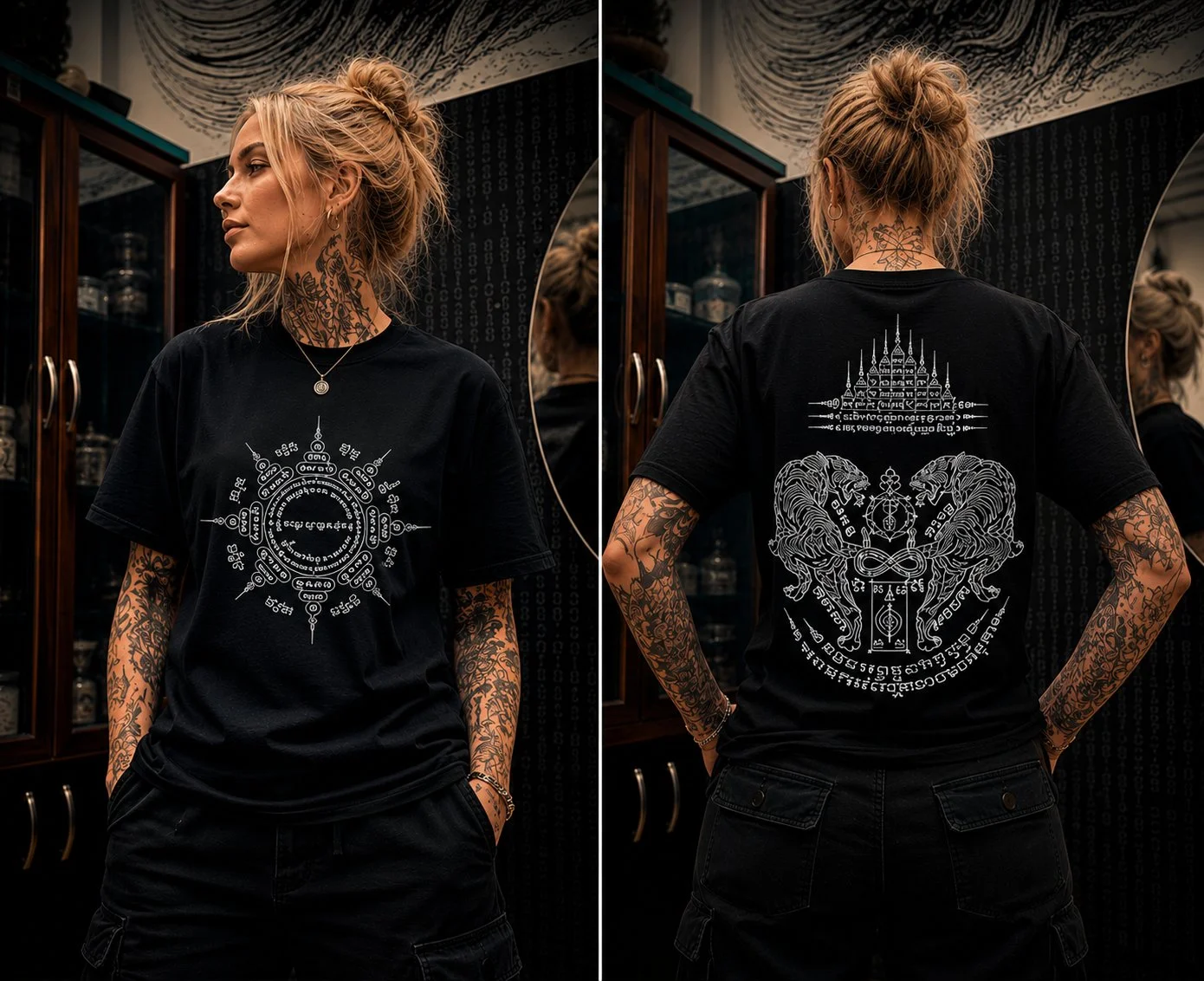 Twin Tigers Yantra | Два Тигра Янтра. Женская модель. Хлопок. Черная - изображение 1