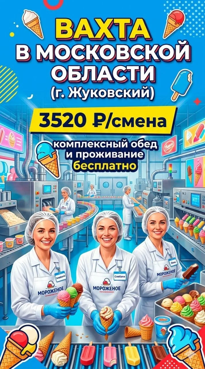Производство мороженого,вахта с проживанием и питанием,Жуковский,Московская обл