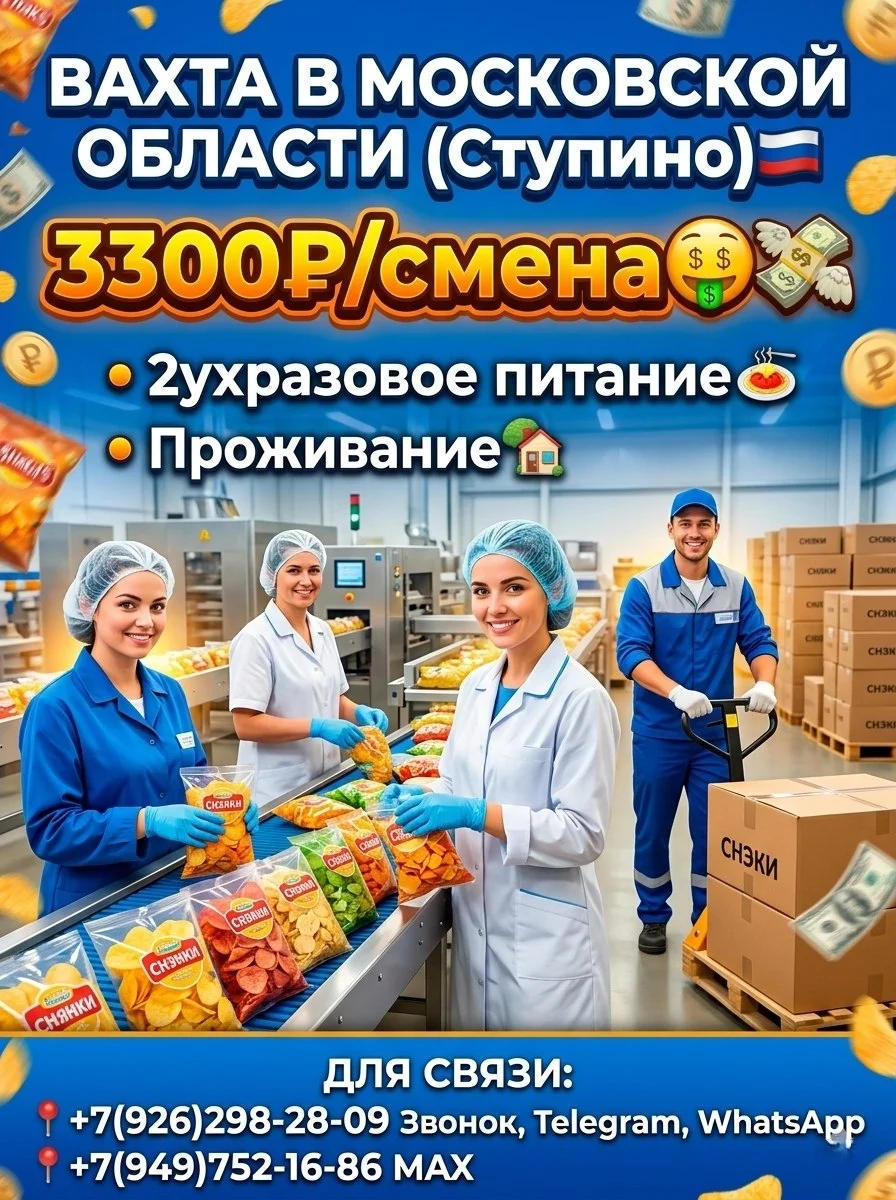 Производство чипсов,вахта с 2ухразовым питанием и проживанием,Ступино,Московская обл - изображение 1
