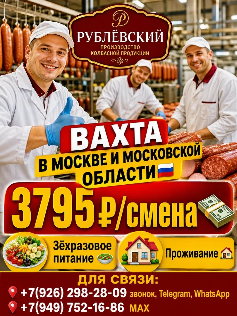 Рабочие колбасного производства,вахта с 3ехраз питанием и проживанием - изображение 1
