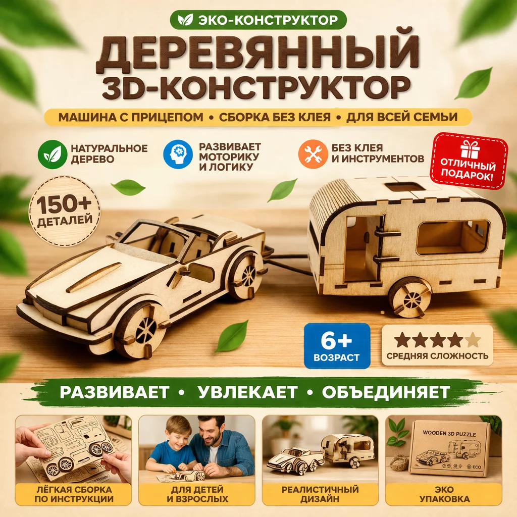Деревянный 3D-конструктор «Машина с прицепом» – эк