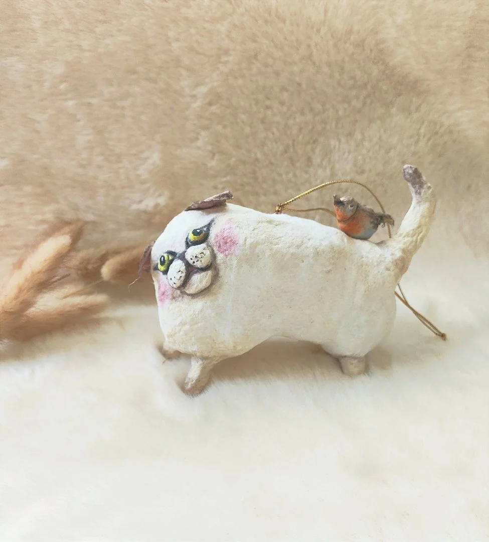 Ватная игрушка Кот с птичкой - изображение 1