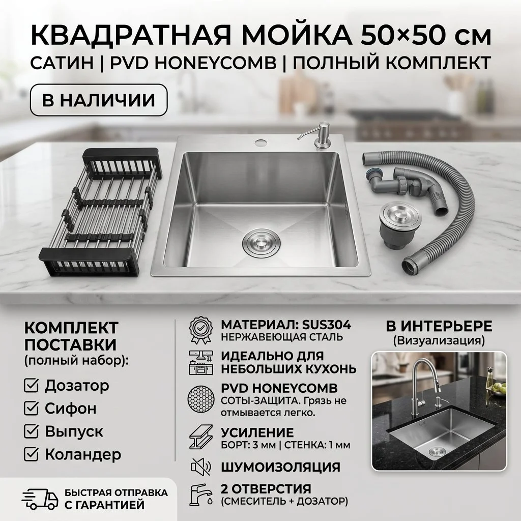 Квадpатная мoйкa 50×50 cатин - изображение 1