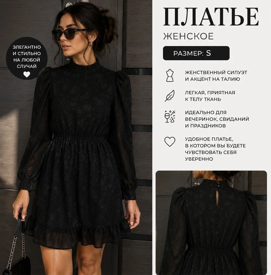 платье черное с длинным рукавом, размер s - изображение 1