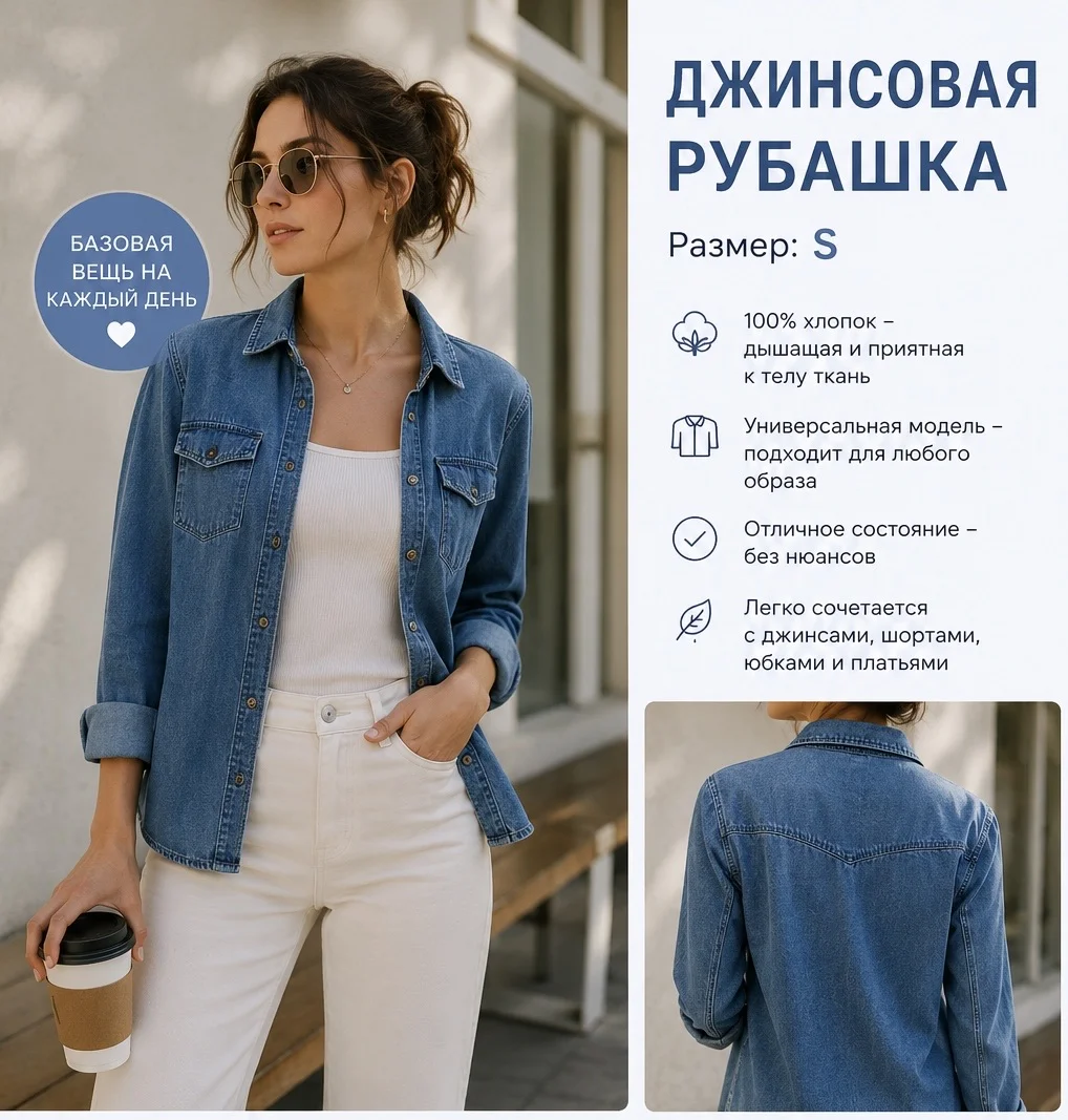 Рубашка женская джинсовая, размер s - миниатюра 2