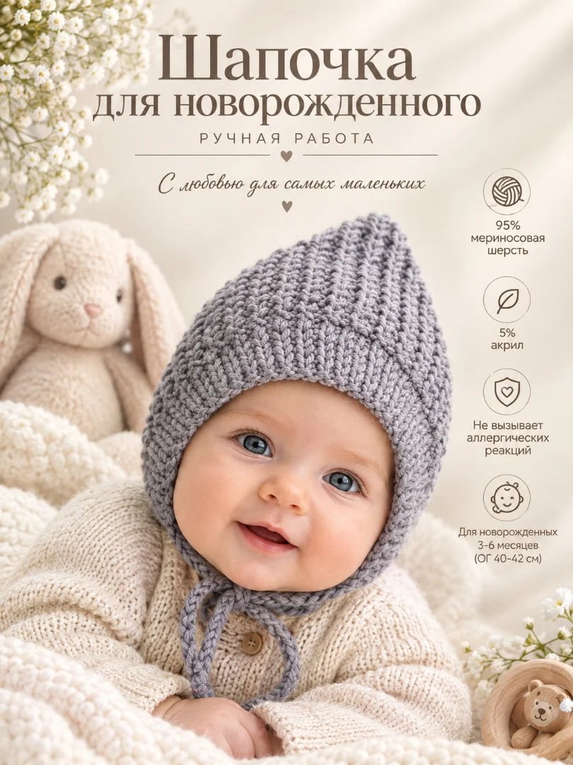 Шапочка для новорожденного от 0 до 9 месяцев - миниатюра 3