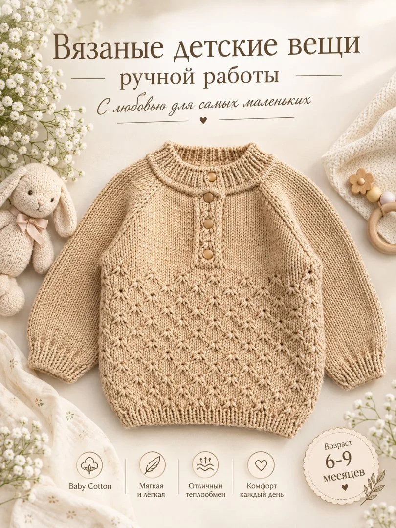 Джемпер для девочки 6-9 месяцев ручная работа - миниатюра 7