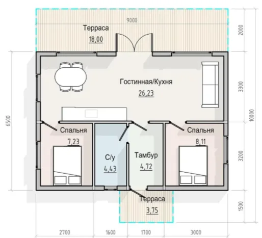 Каркасный дом 9х8,5 с террасой и крыльцом - миниатюра 4