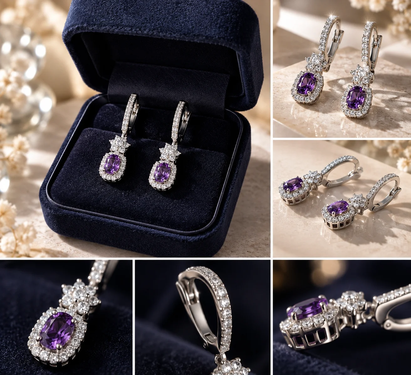Серьги серебро с аметистом и фианитами - миниатюра 2