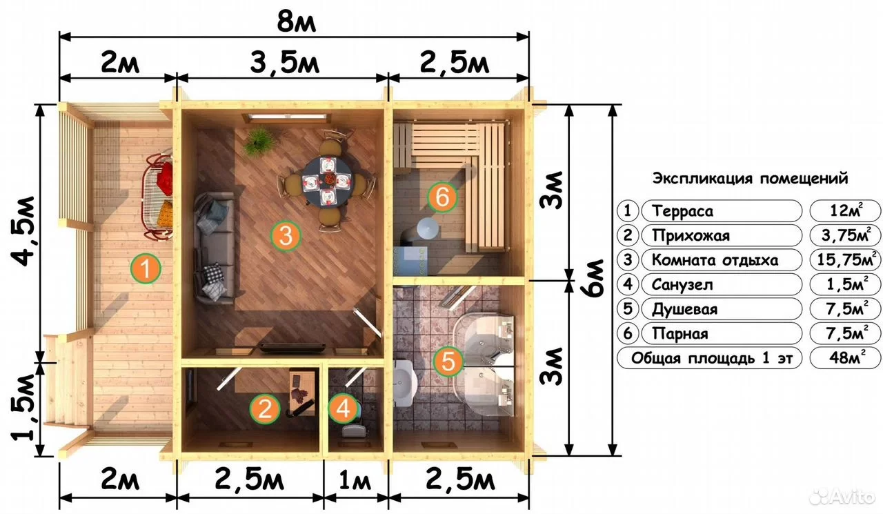 БАHЯ 6x8 СРУБ ИЗ ПРOФИЛИРОВАНHОГO БРУСА от компании "PRORAB" - миниатюра 6