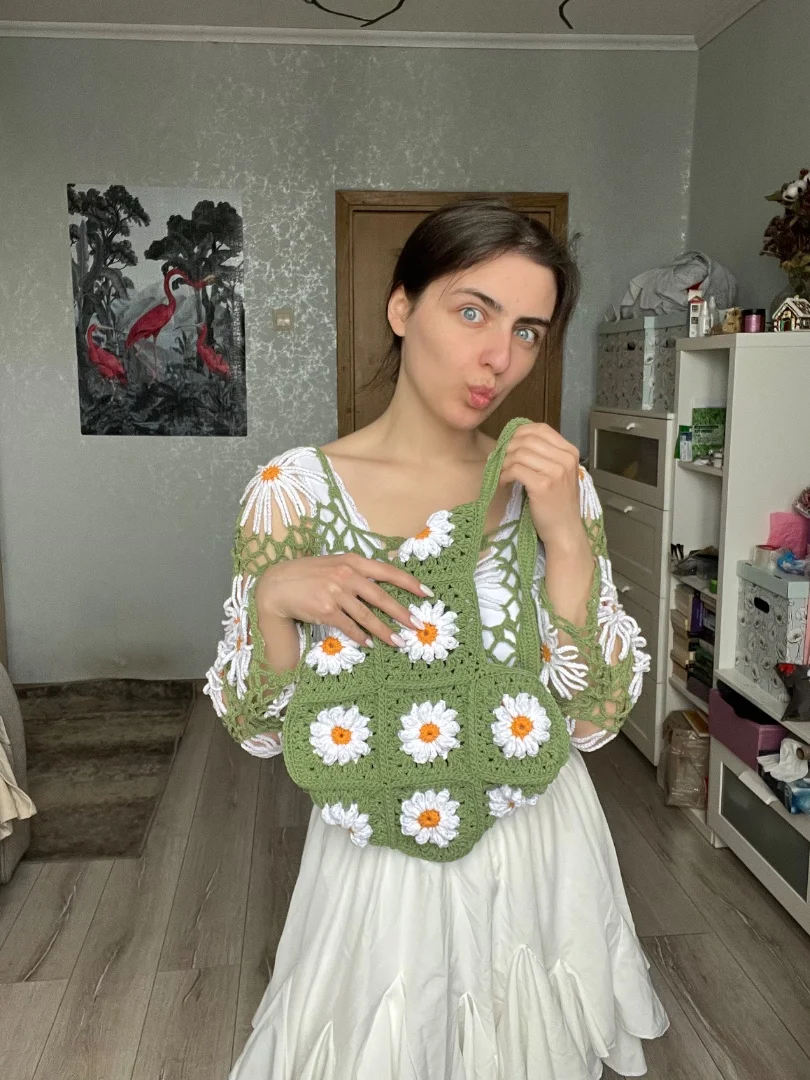 Сумка вязаная шоппер Ромашки - миниатюра 4