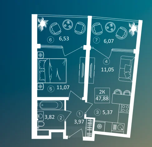 1-к. апартаменты, 47,9 м² - миниатюра 2