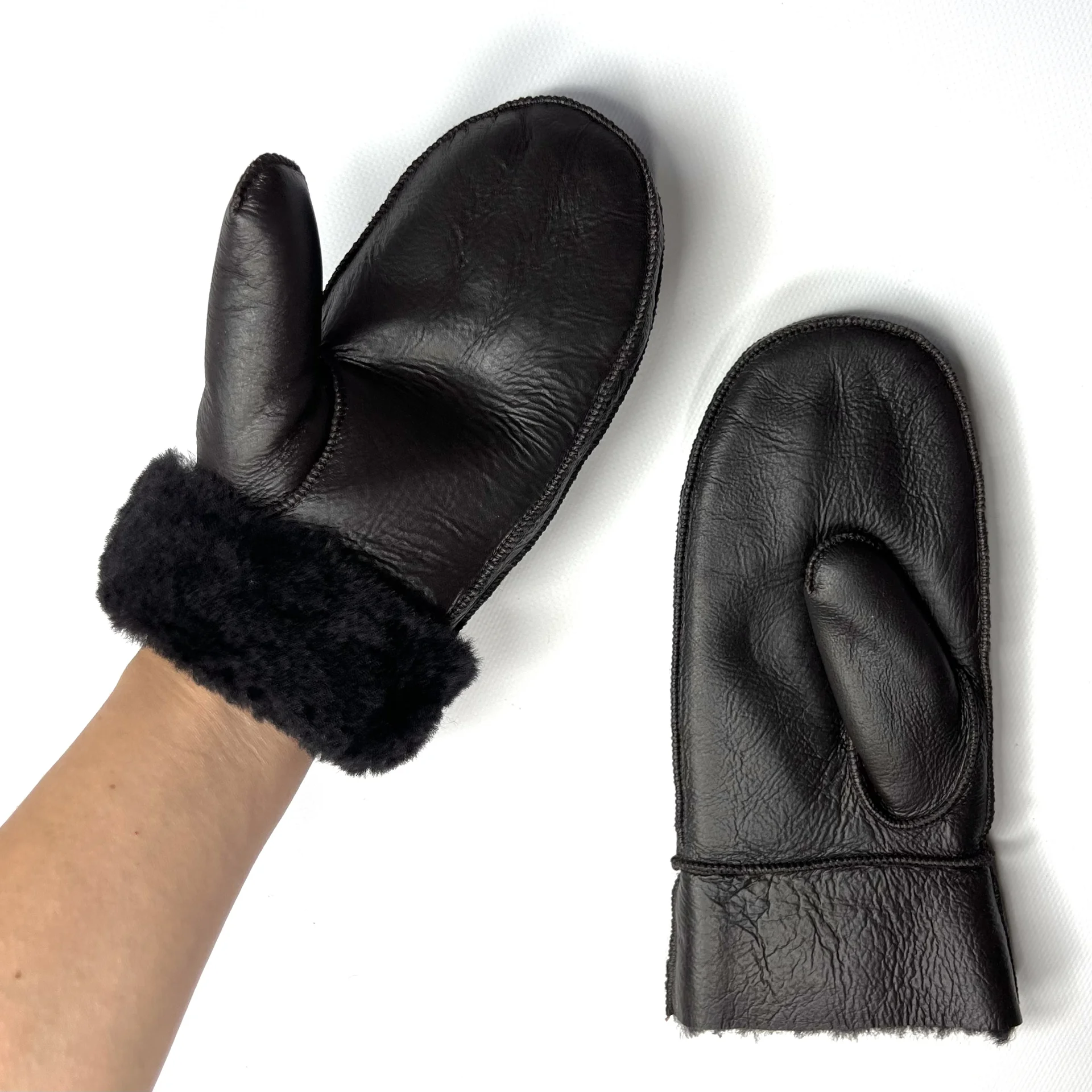 Новые варежки из овчины L коричневые - миниатюра 5