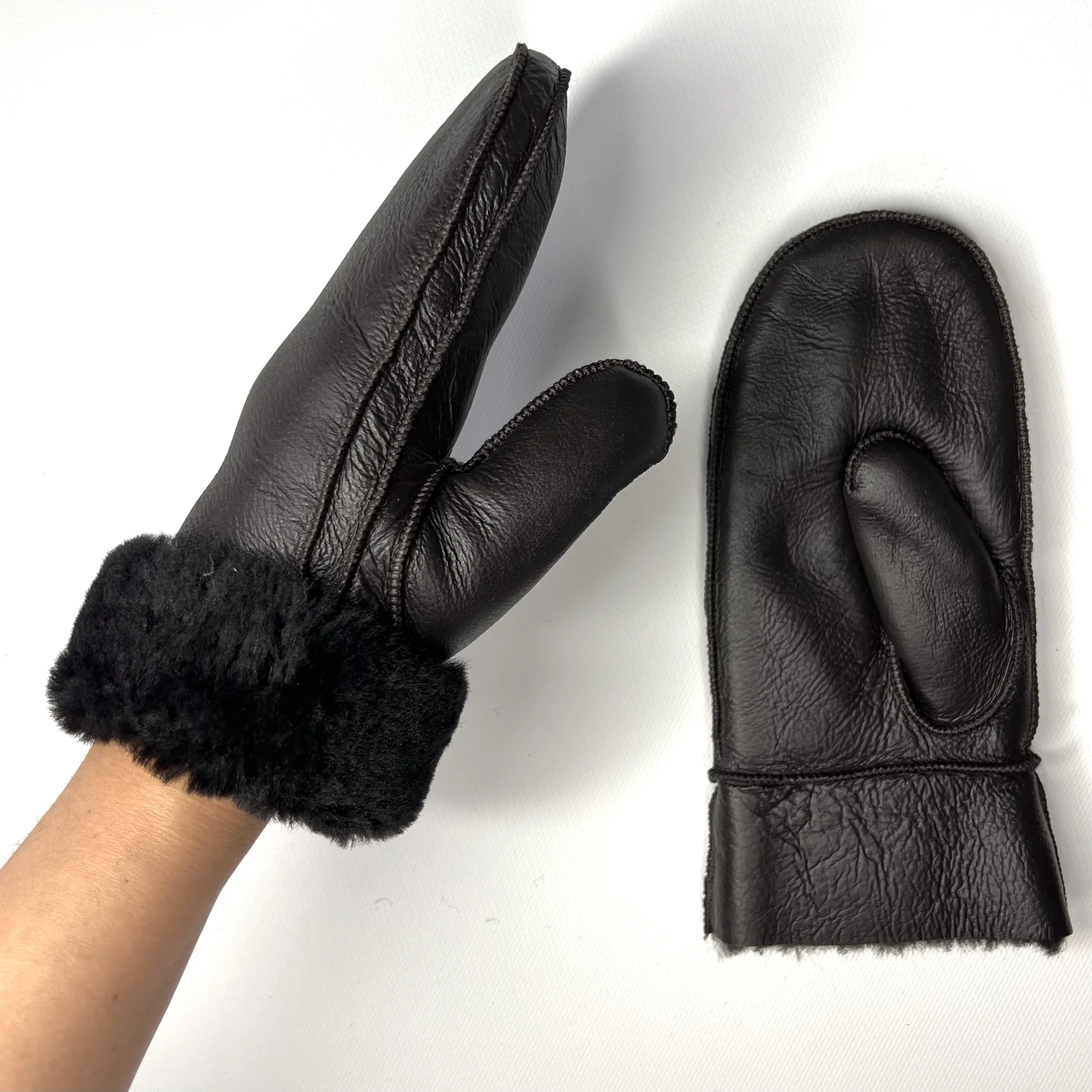 Новые варежки из овчины L коричневые - миниатюра 7