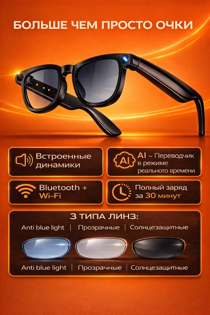 Умные очки c Камерой, 32GB, Голосовым управлением, Wi-FI 5 ГГЦ, Bluetooth 5.4 оправа Black - миниатюра 2