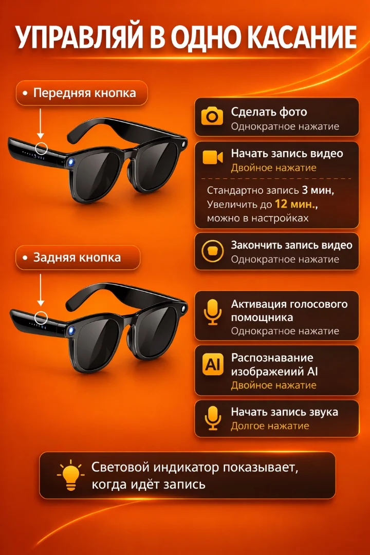 Умные очки c Камерой, 32GB, Голосовым управлением, Wi-FI 5 ГГЦ, Bluetooth 5.4 оправа Black - миниатюра 5