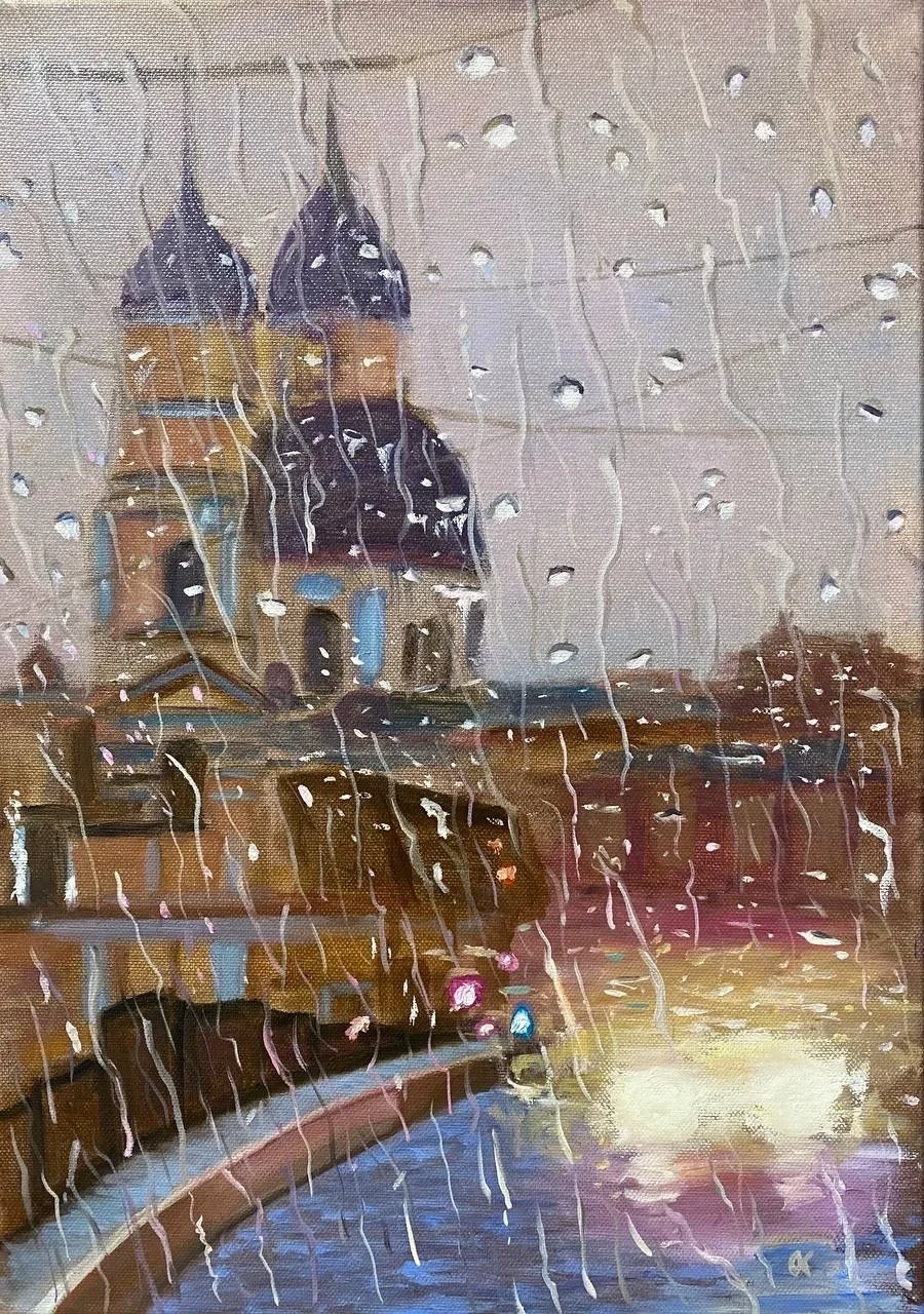 Дождь в городе/ масло, холст на подрамнике - изображение 1