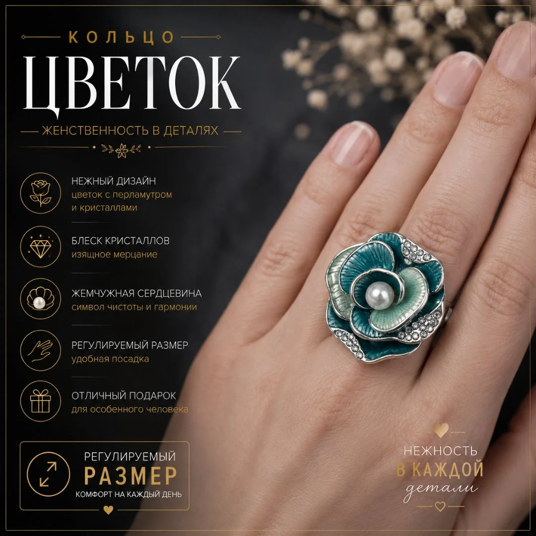 Женское кольцо-цветок с жемчужиной - изображение 1