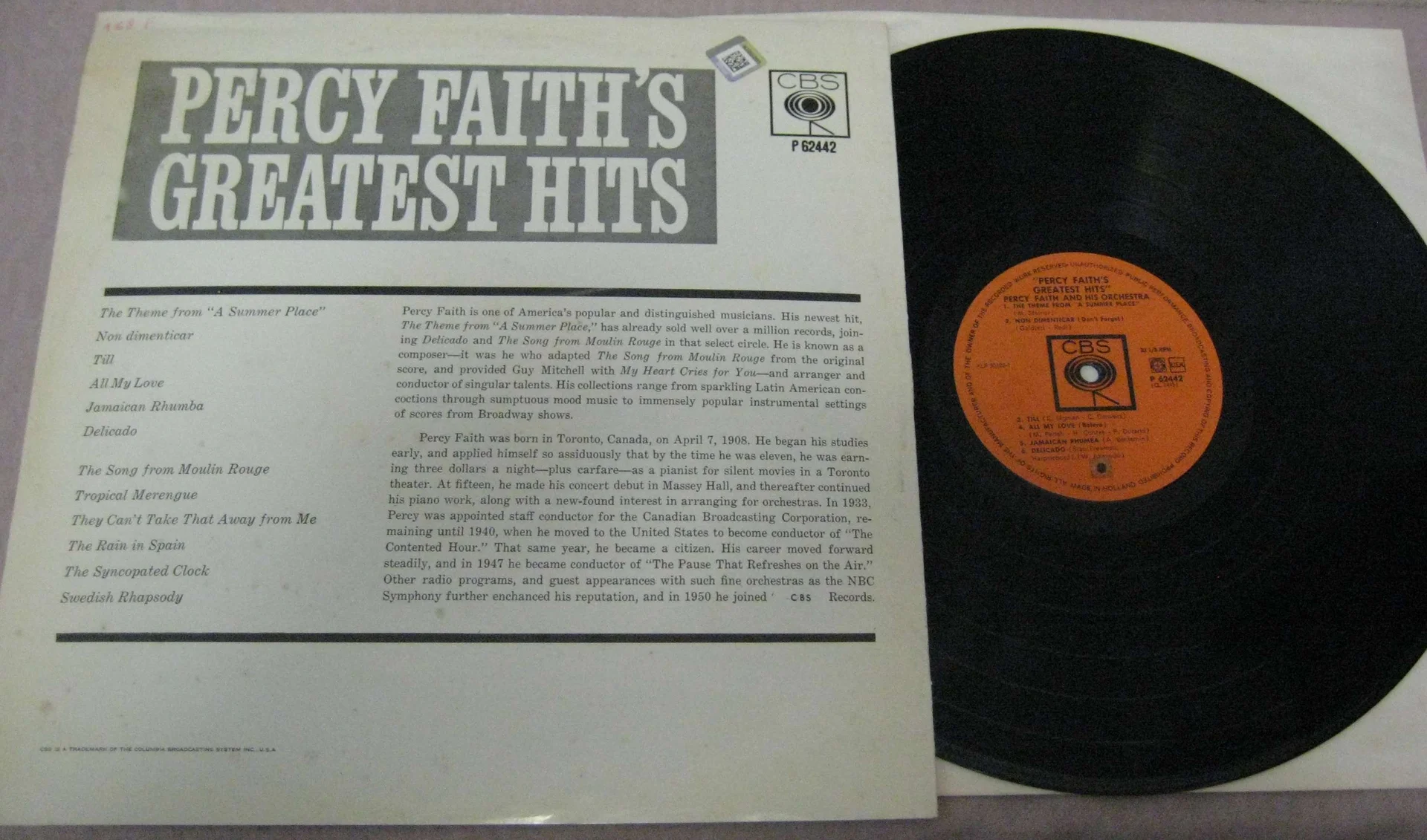 Percy Faith - Percy Faith's Greatest Hits (LP, 1964, Нидерланды) - миниатюра 4