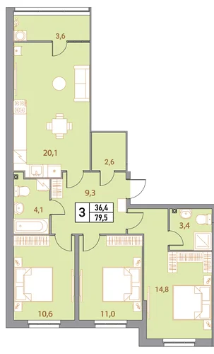 3-х ком. квартира (новостройка) пл.79.5 кв.м. - миниатюра 2