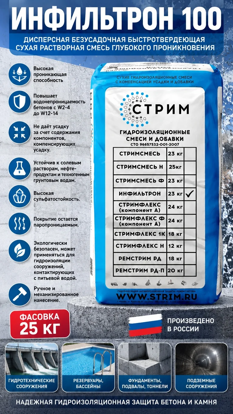Сухая тонкодисперсная гидроизоляционная проникающая смесь ИНФИЛЬТРОН. - миниатюра 2