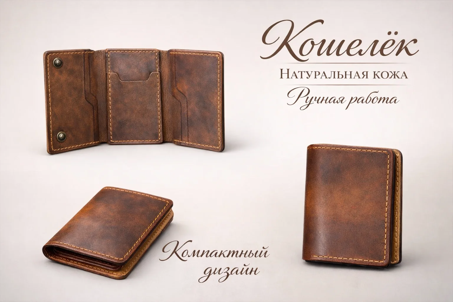 Кожаный кошелек ручной работы, компактный - миниатюра 2