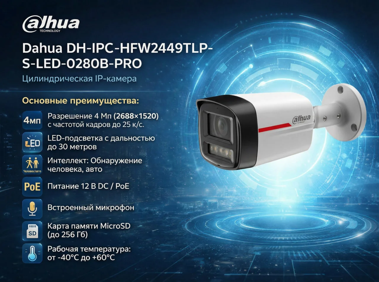 Dahua DH-IPC-HFW2449TLP-S-LED-0280B-PRO IP камера видеонаблюдения 4 МП с микрофоном - изображение 1