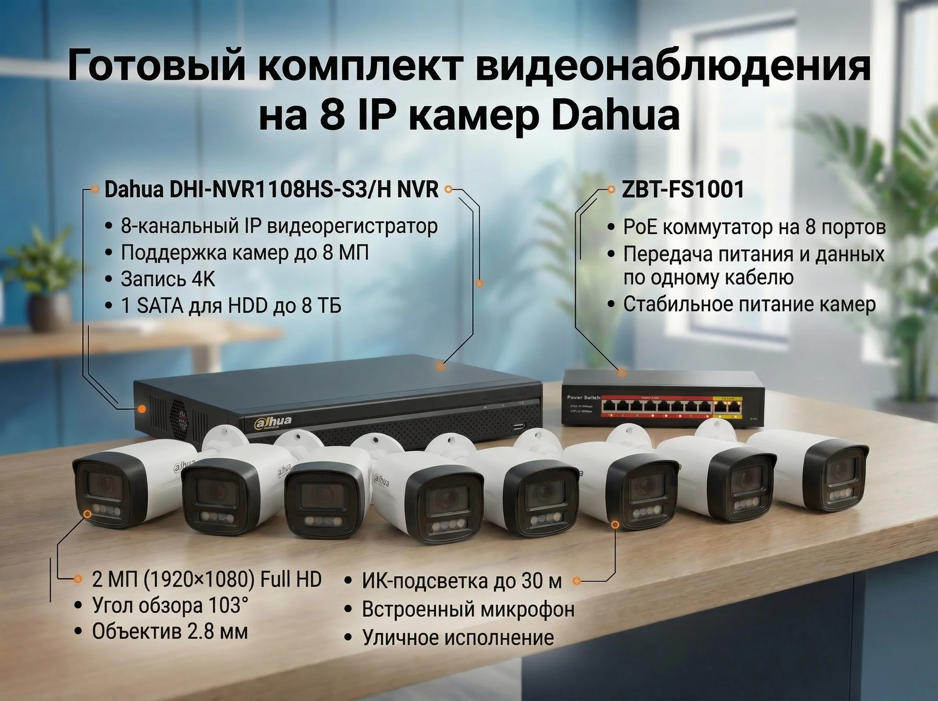 Комплект видеонаблюдения на 8 IP камер Dahua - изображение 1