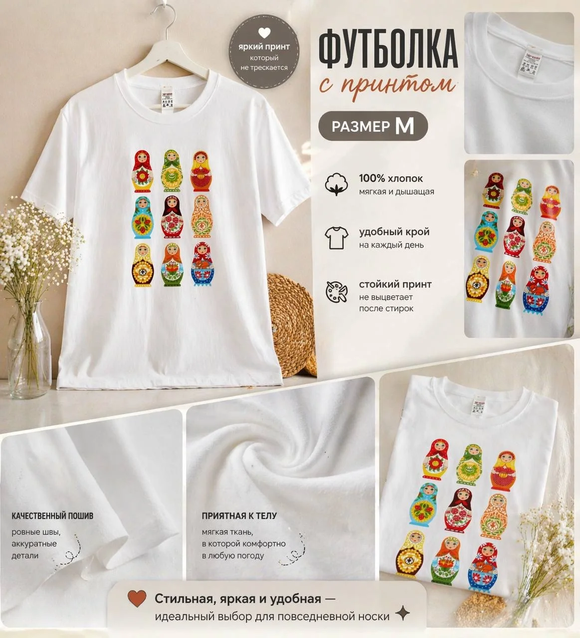 Стильная белая футболка с матрешками - миниатюра 2